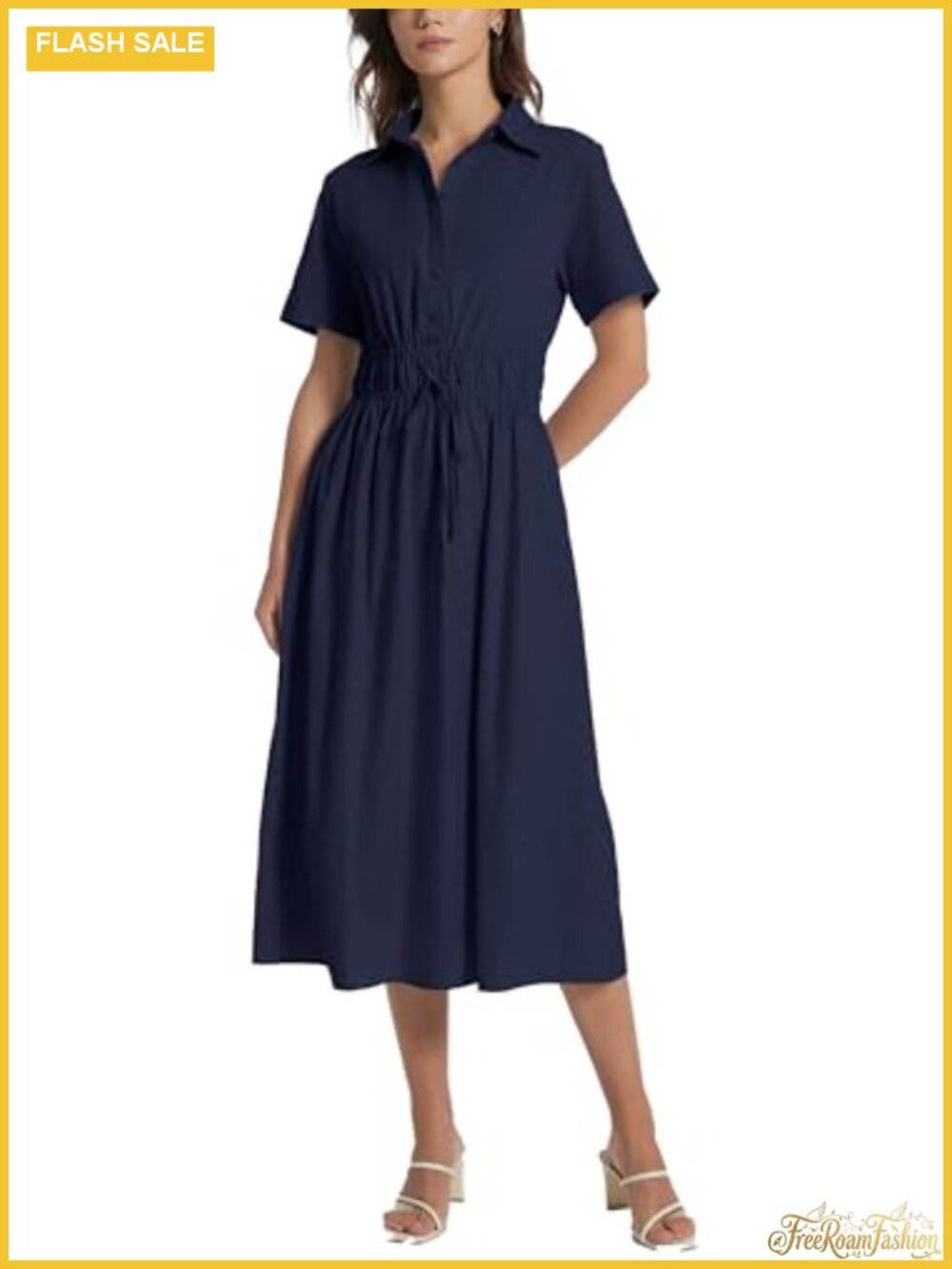 Women Cotton Midi Shirt Dress Short Sleeve Tie Waist Button Front